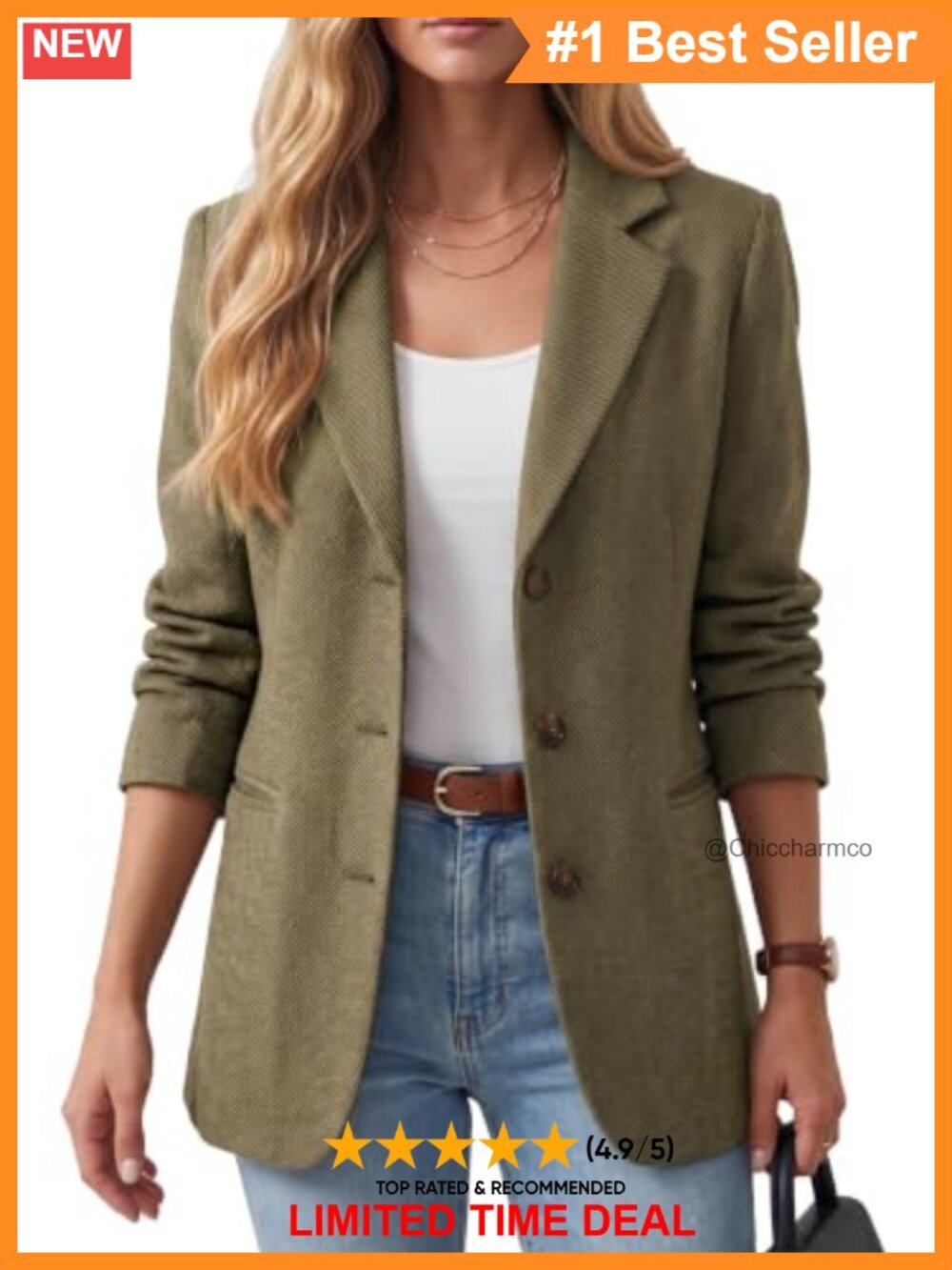 Wool Blend Tweed Herringbone Blazer Notch Lapel Business Casual